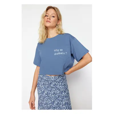 Trendyol Indigo 100% Cotton Motto Printed Pocket Relaxed Crop Knitted T-Shirt