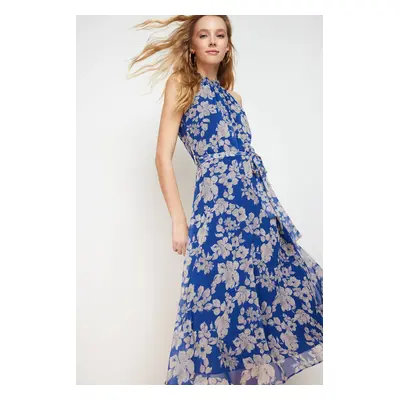 Trendyol Navy Blue Floral Print Belted A-line Halter Neck Sleeveless Midi Lined Woven Dress