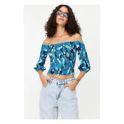 Trendyol Indigo Gipel Carmen Collar Three Quarter Sleeve Crepe/Textured Gipel Knitted Blouse