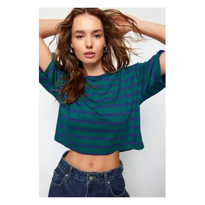 Trendyol Green Striped Premium Oversize Wide-Fit Crop Stretchy Knitted T-Shirt