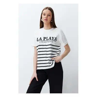 Trendyol Ecru 100% Cotton Slogan and Stripe Printed Oversize/Comfort Fit Knitted T-Shirt