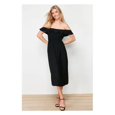 Trendyol Black Straight Cut Madonna Collar Linen Look Maxi Woven Dress