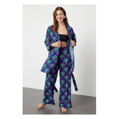 Trendyol Geometric Patterned Belted Woven Kimono Trouser Set