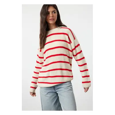 Trendyol Cream Wide Pattern Striped Knitwear Sweater