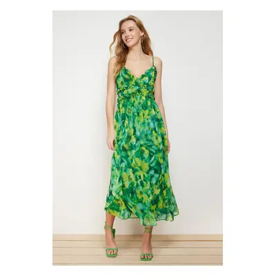 Trendyol Green Floral Print A-Cut Ruffle Detailed Lined Chiffon Maxi Woven Dress