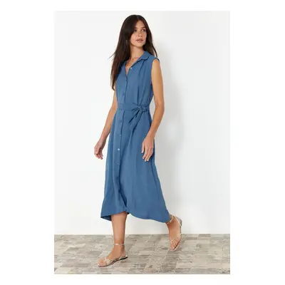 Trendyol Indigo Straight Belted Sleeveless Shirt Woven Dress