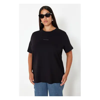 Trendyol Curve Black Crew Neck Printed Plus Size Knitted Tshirt