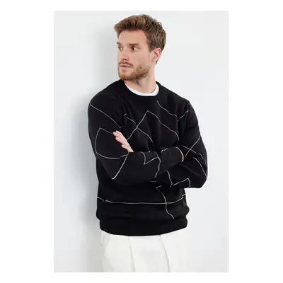 Trendyol Black Slim Fit Slim Cut Crew Neck Striped Patterned Knitwear Sweater