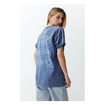 Trendyol Blue Oversize/Wide Fit Galaxy Front and Back Printed Washed Knitted T-Shirt