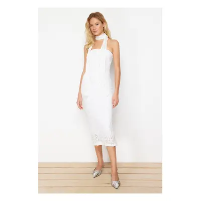 Trendyol White Lace Fitted Stretchy Knitted Midi Pencil Dress