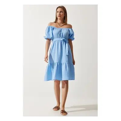 Happiness İstanbul Women's Sky Blue Carmen Collar Belted Summer Muslin Dress