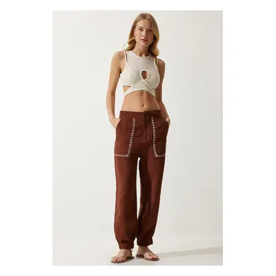 Happiness İstanbul Women's Brown Embroidery Detail Muslin Trousers