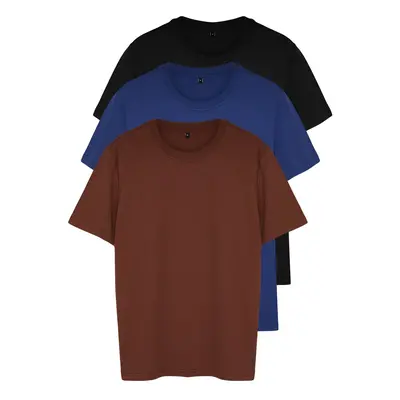 Trendyol Black-Brown-Navy Blue Basic Slim 100% Cotton 3-Pack Short Sleeve T-Shirt