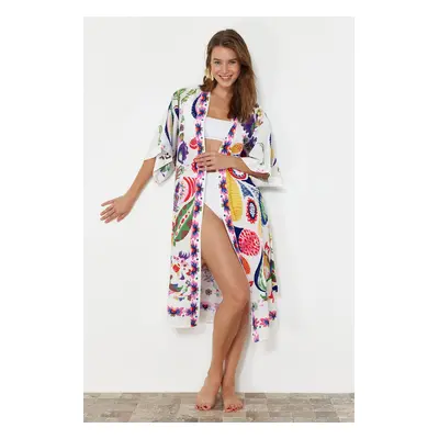 Trendyol Ethnic Pattern Belted Midi Woven 100% Cotton Kimono & Kaftan