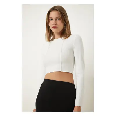 Happiness İstanbul White Ribbed Ribbed Crop Blouse