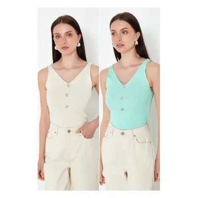 Trendyol Stone-Mint Double Pack V-Neck Top Knitwear Thin Blouse