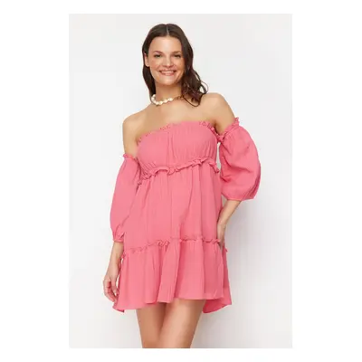 Trendyol Fuchsia Mini Woven Ruffled Muslin Beach Dress