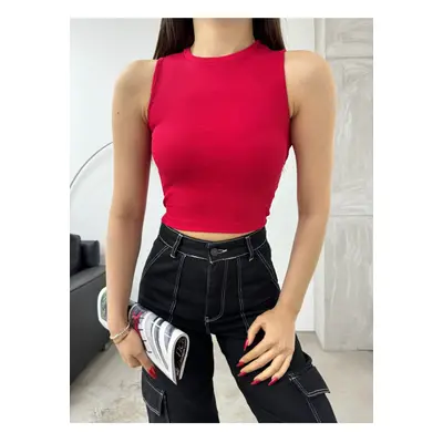 BİKELİFE Women's Ribbed Crew Neck Back Window Detailed Fitted Crop Top Blouse