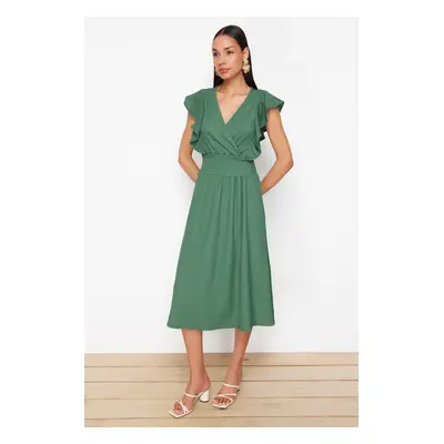 Trendyol Green Wrap/Textured Skater/Waisted Double Breasted Closure Flexible Knitted Midi Dress