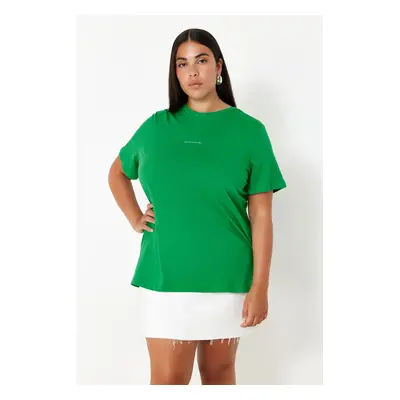 Trendyol Curve Green Crew Neck Printed Plus Size Knitted Tshirt