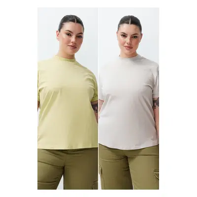 Trendyol Curve Oil Green-Grey Pack 100% Cotton Basic Stand Collar Knitted T-Shirt