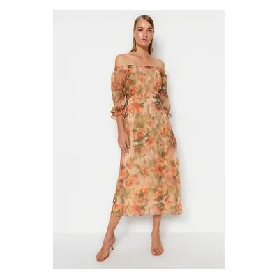 Trendyol Orange Floral Carmen gallér A-vonal/Bell Form Siffon Maxi bélelt szőtt ruha