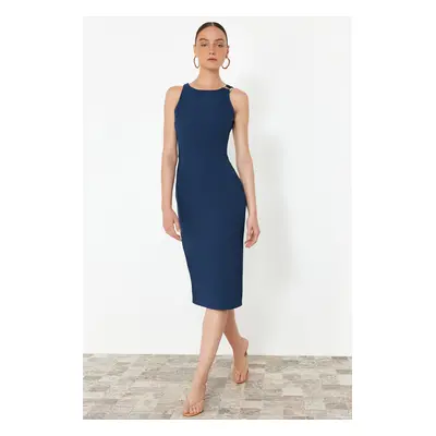 Trendyol Petrol Fitted Midi Pencil Skirt with Accessory Detail on the Collar Woven Dress