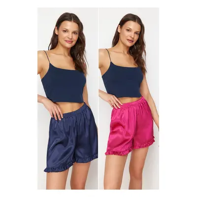 Trendyol Navy Blue-Pink Pack Ruffle Detailed Satin Woven Pajama Bottoms