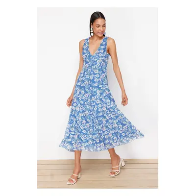 Trendyol Blue Floral Printed V-Neck Knitted Dress