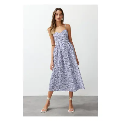 Trendyol Blue Floral Print A-line Sweetheart Neck Midi Poplin Woven Dress