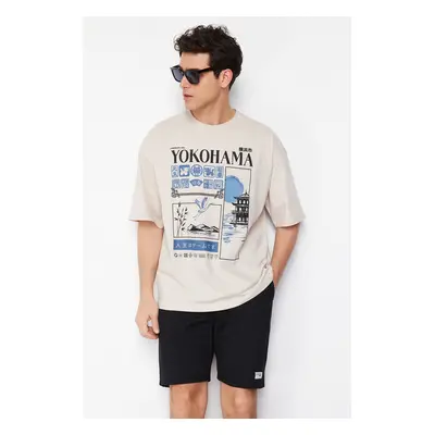 Trendyol Stone Oversize/Wide Cut Far East Printed 100% T-Shirt