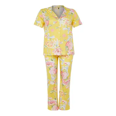 Trendyol Curve Yellow Flower Patterned Shirt Collar Knitted Pajama Set