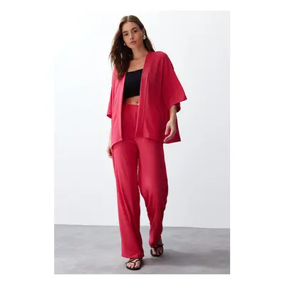 Trendyol Pink Relaxed/Comfortable Cut Knitted Kimona Trousers Top-Bottom Set