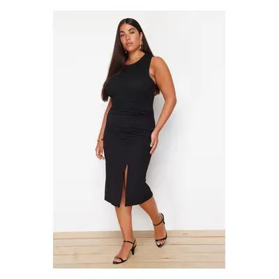 Trendyol Curve Black Crepe Fabric Midi Knitted Skirt with Drape and Slit Detail