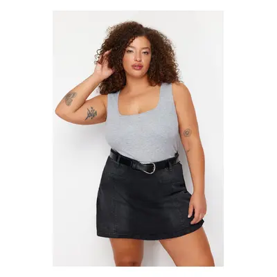 Trendyol Curve Gray Melange Square Neck Plain Basic Camisole Plus Size Undershirt