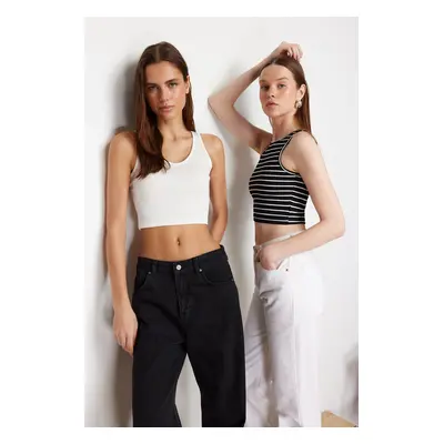 Trendyol White-Multicolor 2-Pack Fitted/Fitted Crop Corded Flexible Knitted Athlete