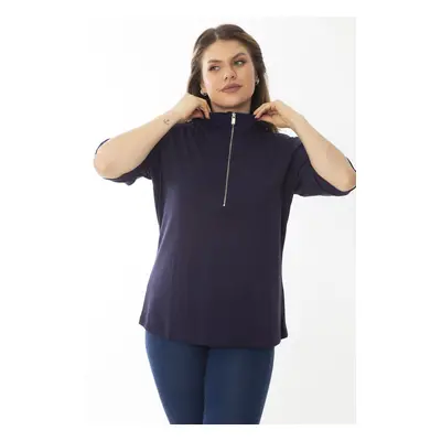 Şans Women's Plus Size Navy Blue Paw Zipper Short Sleeve Sweatshirt