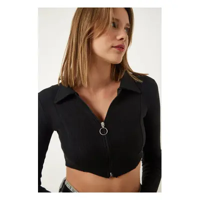 Happiness İstanbul Black Zipper Polo Neck Crop Knitted Blouse