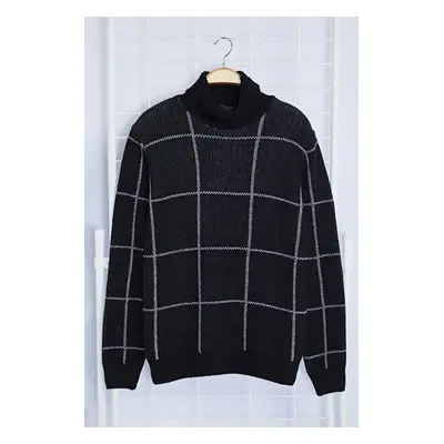 Trendyol Black Slim Wool Turtleneck Plaid / Checked Knitwear Sweater