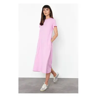 Trendyol Pink Plain T-shirt Dress Pocket Midi Knitted Dress