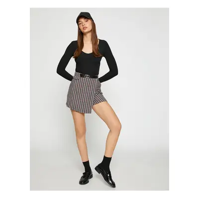 Koton Mini Shorts Skirt with Belt Detail Houndstooth Pattern