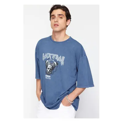 Trendyol Indigo Oversize/Wide Cut Aged/Faded Effect Rock Print 100% Cotton T-Shirt