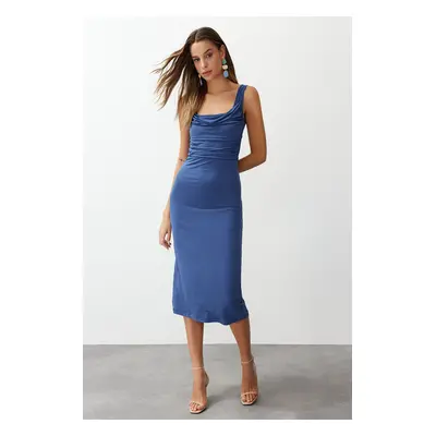 Trendyol Indigo Body-Sitting Degaje Collar Flexible Knitted Midi Pencil Dress