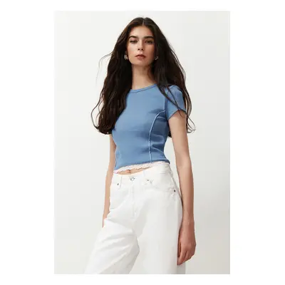 Trendyol Light Blue Fitted Body-Fitted Cotton Stretch Knitted Blouse with Stitching Detail