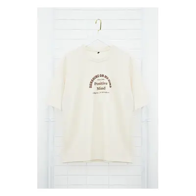 Trendyol Stone Oversize/Wide Cut Text Printed T-Shirt