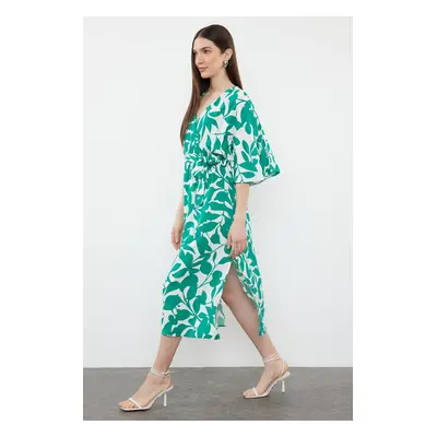 Trendyol Green Belted Floral Patterned A-Line Double Breasted Collar Midi Woven Dress