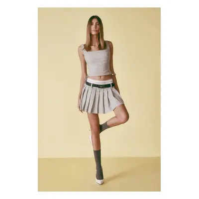 Trendyol X Sagaza Studio Gray Striped Pleated Skirt With Elastic Detail