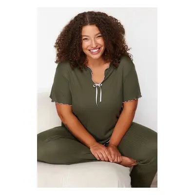 Trendyol Curve Khaki Bow Detailed Camisole Knitted Pajamas Set