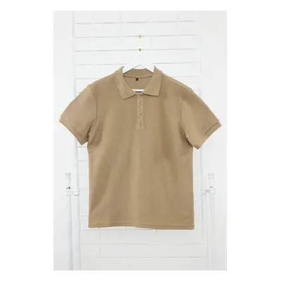 Trendyol Mink Regular Cut Short Sleeve Textured Buttoned Polo Neck T-shirt