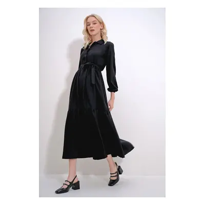 Trend Alaçatı Stili Women's Black Buttoned Front Skirt Flounced Flamed Linen Maxiboy Dress